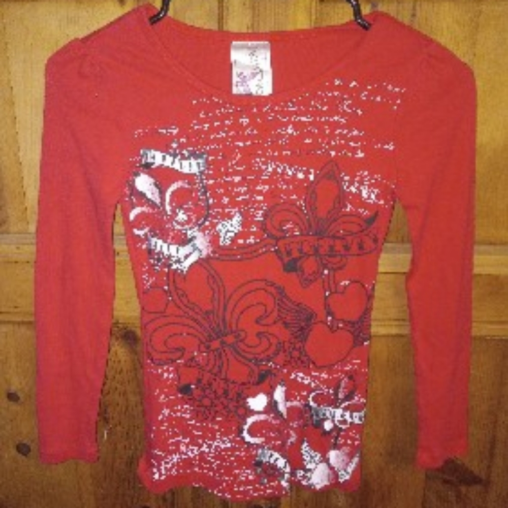Knitworks Red Long Sleeve Tee with Black and White Design